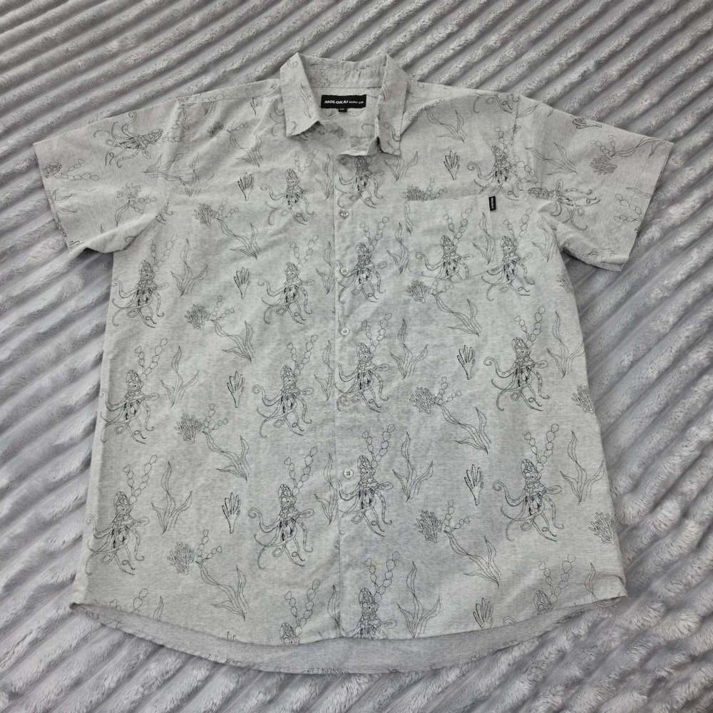Molokai Surf Co Mens XXL Gray Octopus Print Short Sleeve Button Down Shirt